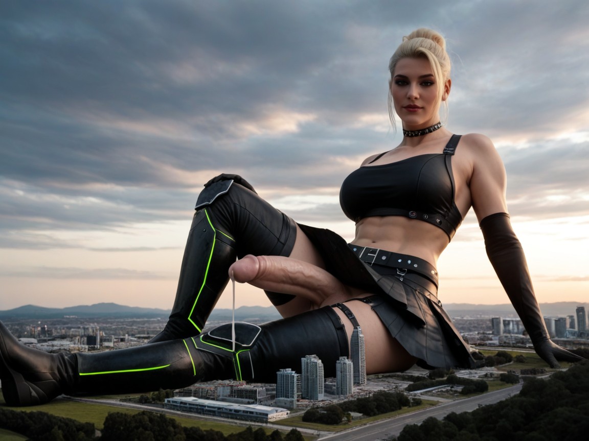 18+, Cvberpunk Sci-fi Aesthetic, Her Legs Spread Wide On Either Side Of The City AI Porn