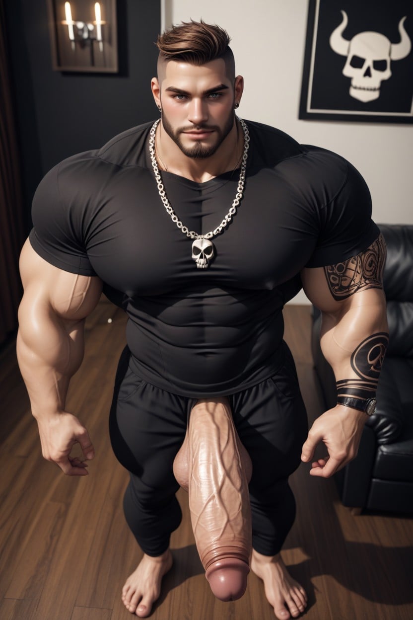 Hyper Dick, Black Skull Shirt, Wearing A Skull Necklace AI Gay Porn