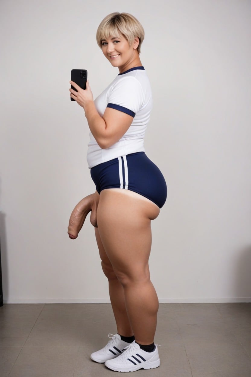Very Short Hair, Tan Line On Ass, Holding Phone Up To Selfie Shemale AI Porn