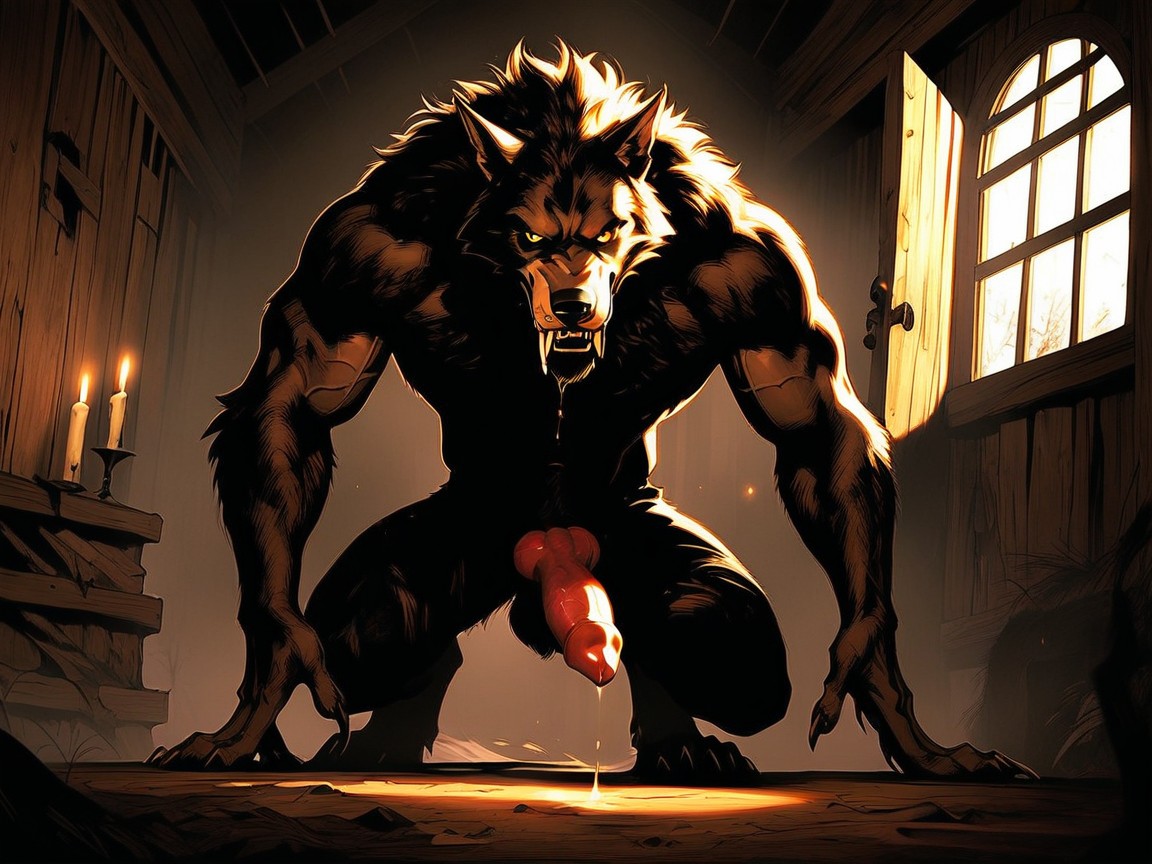 Knotted Werewolf Cock, Laying, Werewolf Is Unbuttoning AI Gay Porn