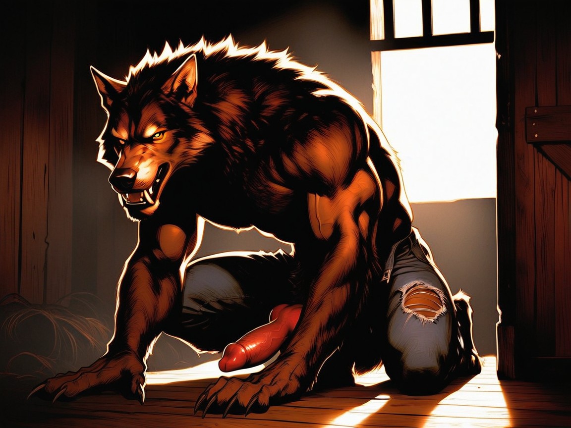 Werewolf Has A Massive Oversized Muscular Torso, Werewolf Standing In Rustic Wood Cabin Doorway, Hard Shadow AI Gay Porn