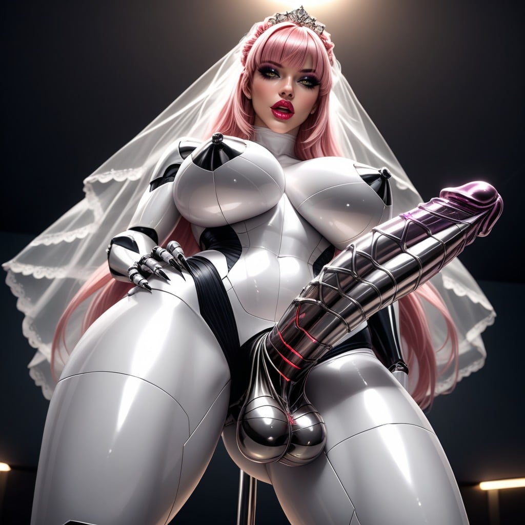 She Strokes Her Robotic Penis With Left Hand, Long Length, Her Metallic Penis Erected In Front Of Her Metallic Labia AI Porn