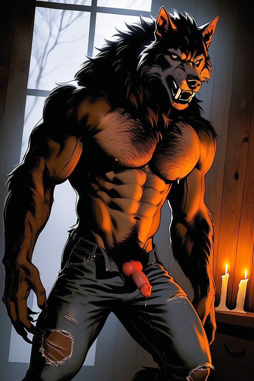Erected Upwards, Finely Detailed Brown Fur, Werewolf Face Is Detailed And Realistic AI Gay Porn