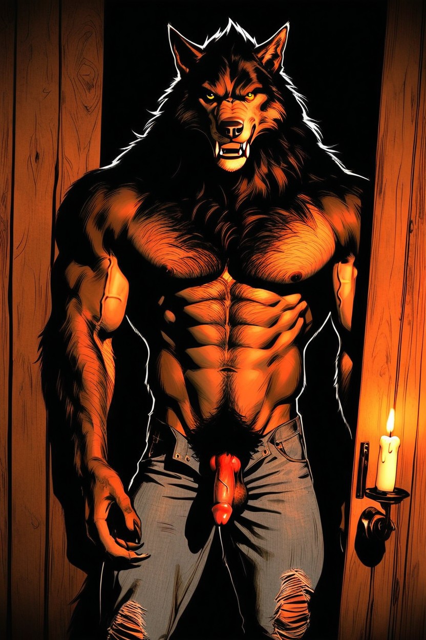 Werewolf Has A Massive Oversized Muscular Torso, Large Neck Muscles, Werewolf Glowering Forward At The Viewer AI Gay Porn