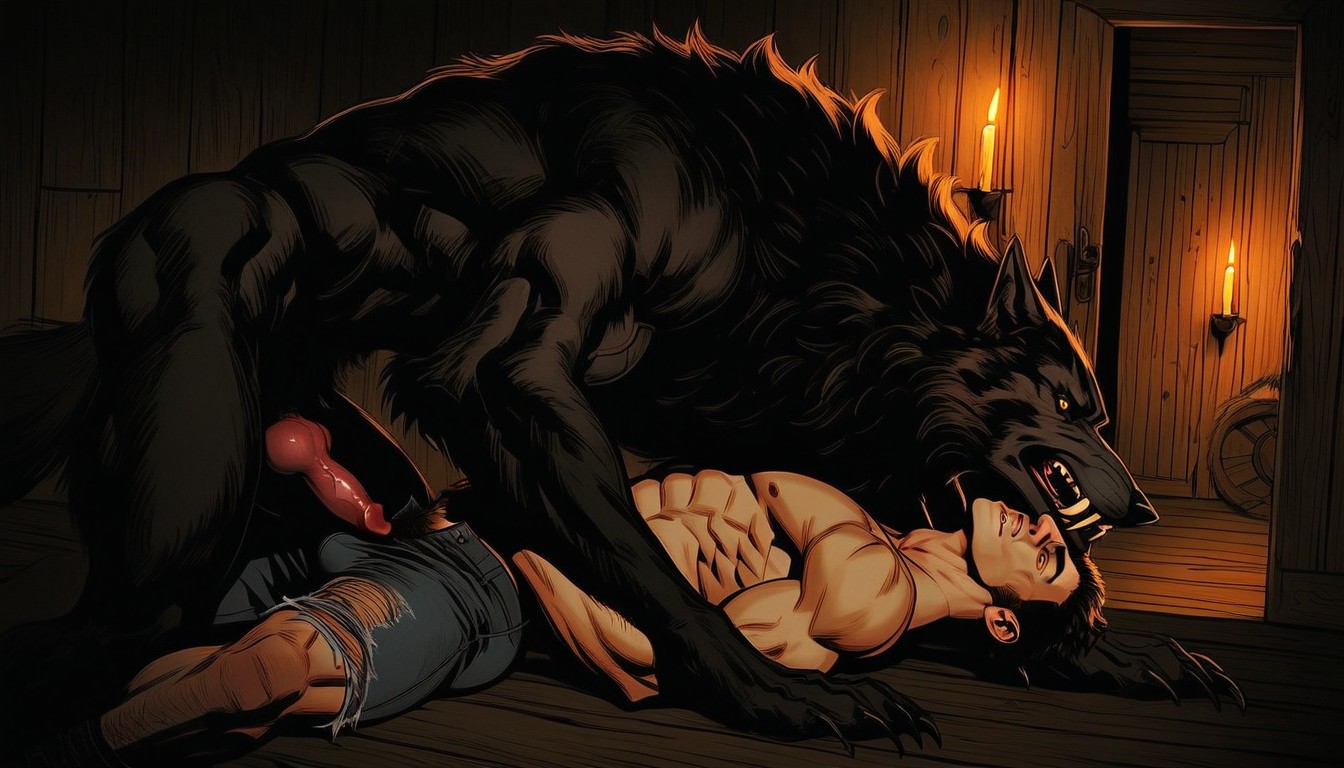 Roaring With Mouth Open Aggressively, Werewolf Standing In Rustic Wood Cabin Doorway, Werewolf Exposing Its Bushy Pubic Hair AI Gay Porn