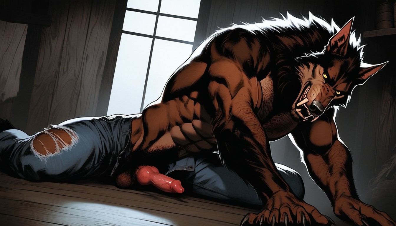 Werewolf Exposing Its Bushy Pubic Hair, Knotted Werewolf Cock, Roaring With Mouth Open Aggressively AI Gay Porn