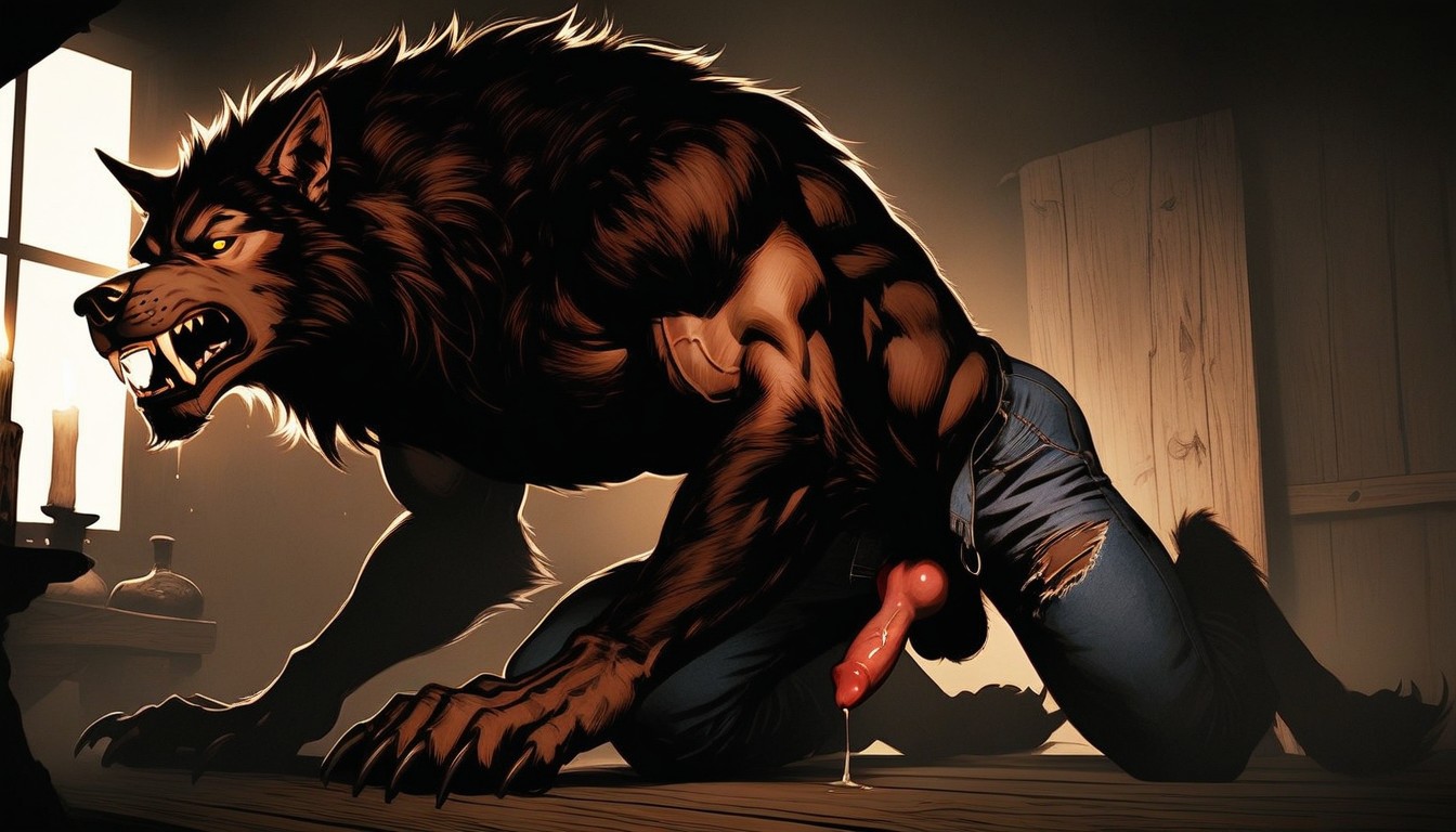 Atmospheric Lighting With Candles, Unzipping Its Pants, Werewolf Has A Massive Oversized Muscular Torso AI Gay Porn