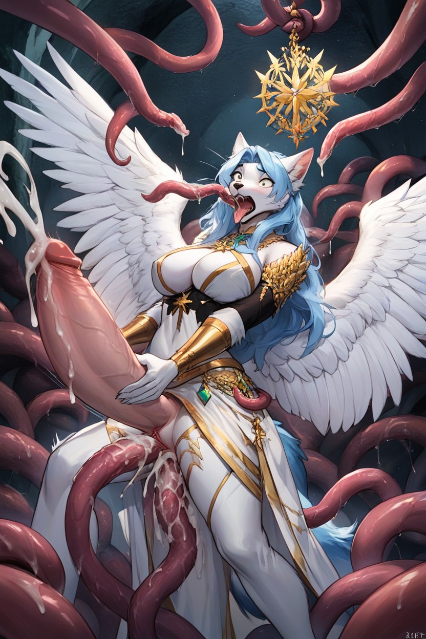 Gorgeous Sparkling White Fur, Second Grabs Her Tittys, Pulls Her On Penis Furry AI Porn