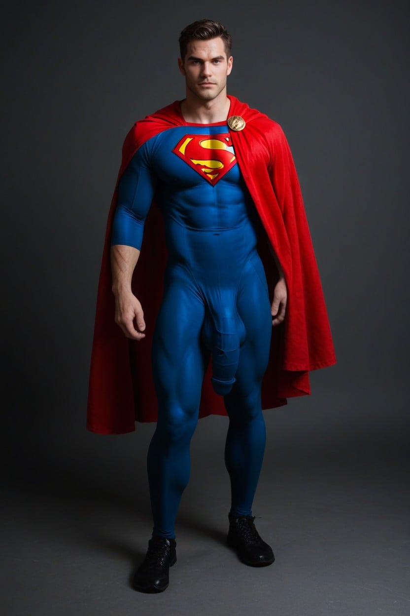 18+, Superman's Tights With Huge Hyper Bulge Hanging To His Ankles, Fully Clothed Superman With Giant Bulge Outline Under Clothes AI Gay Porn