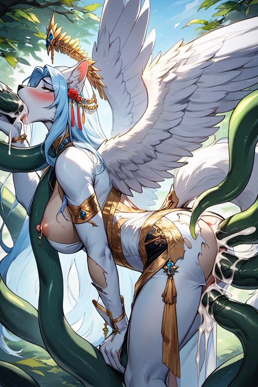 Cum Spilling Out Of Mouth, Spit Roast, Clear White Gold Gigantic Tentacles Furry AI Porn