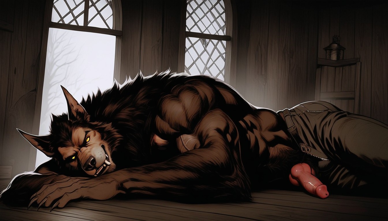 Front View, Werewolf Exposing Its Bushy Pubic Hair, Atmospheric Lighting With Candles AI Gay Porn