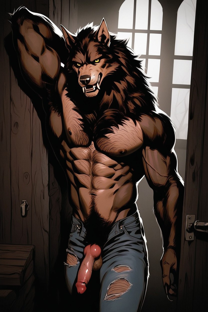 Moonlight Pouring Through The Door Way, Front View, Knotted Werewolf Cock AI Gay Porn