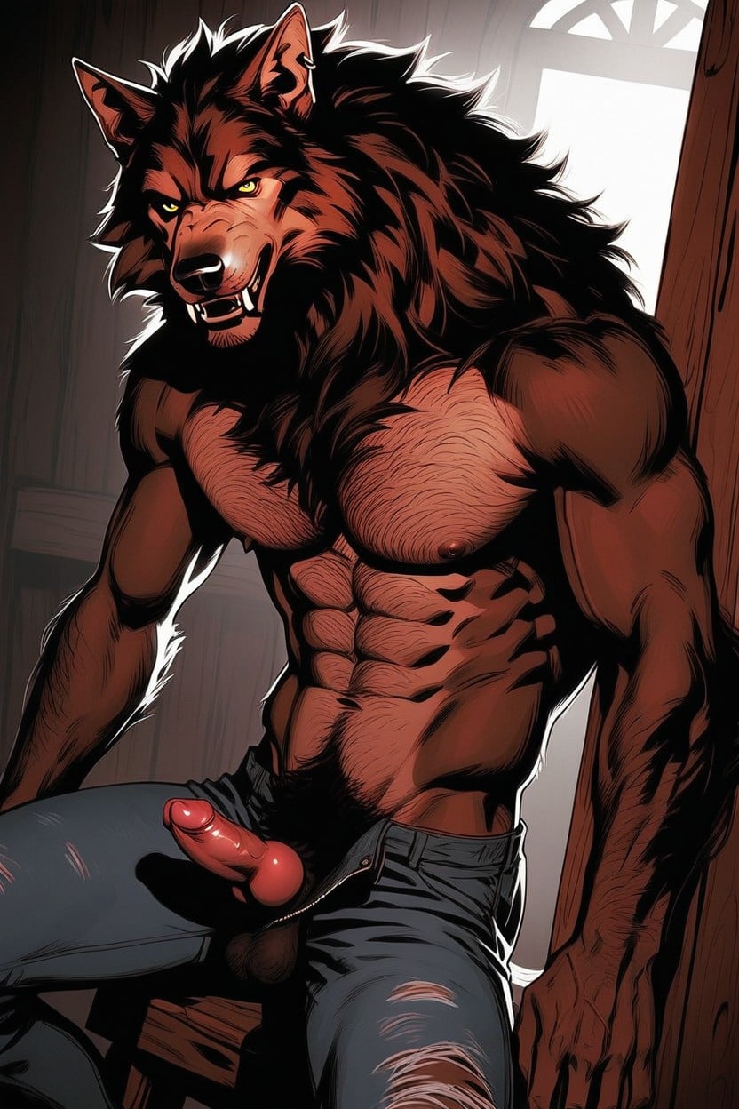 K Resolution, Wide-shot, Werewolf Standing In Rustic Wood Cabin Doorway AI Gay Porn