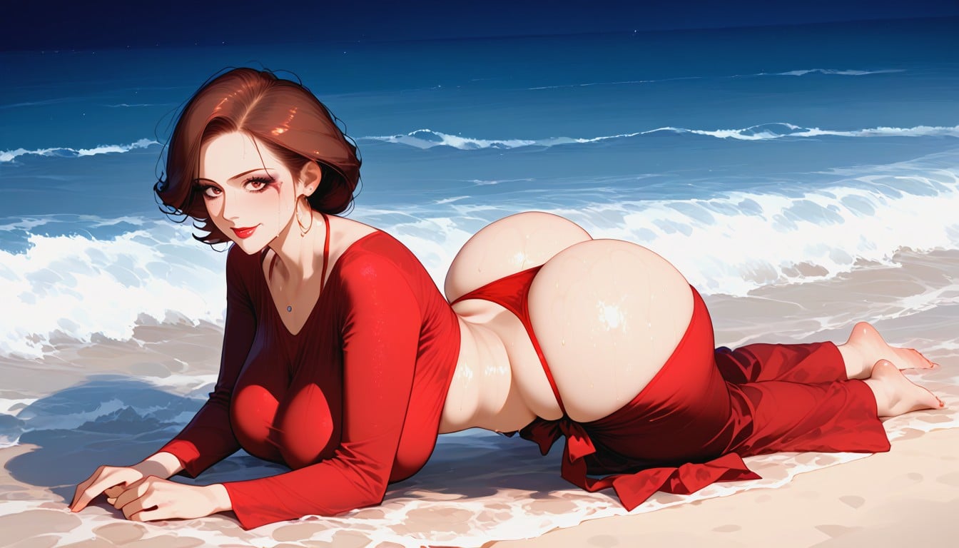 All On Fours On The Beach, Side Pose, Waist MILF AI Porn