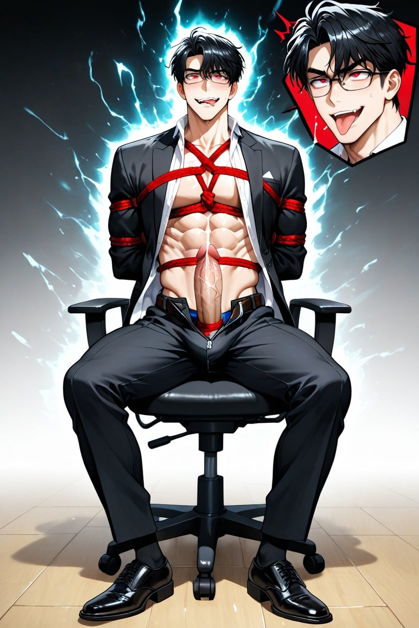 Black Layered Hair With Long Bangs Slightly Messy And Curled Ends, Wearing Glasses, Red Eyes AI Gay Porn