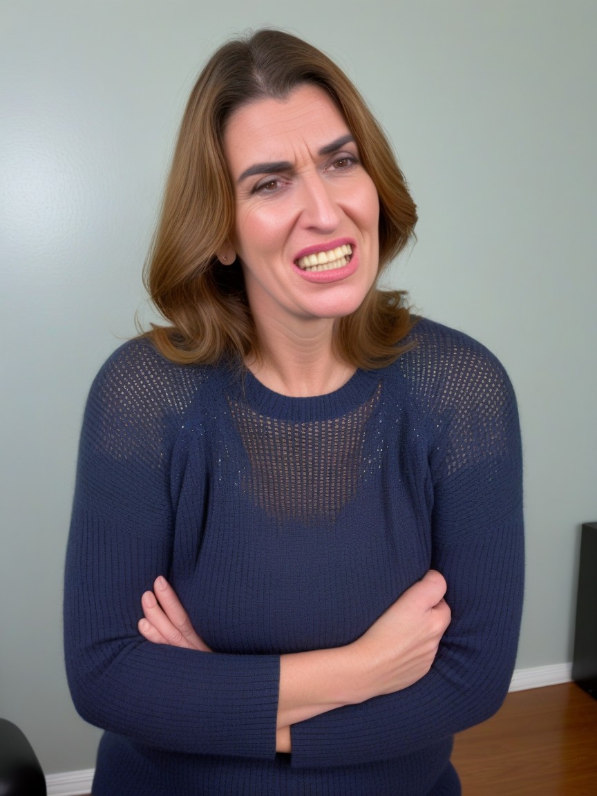Wide Gap Between Front Teeth, Skeptical, Thick Bushy Unkempt Natural Eyebrows AI Porn
