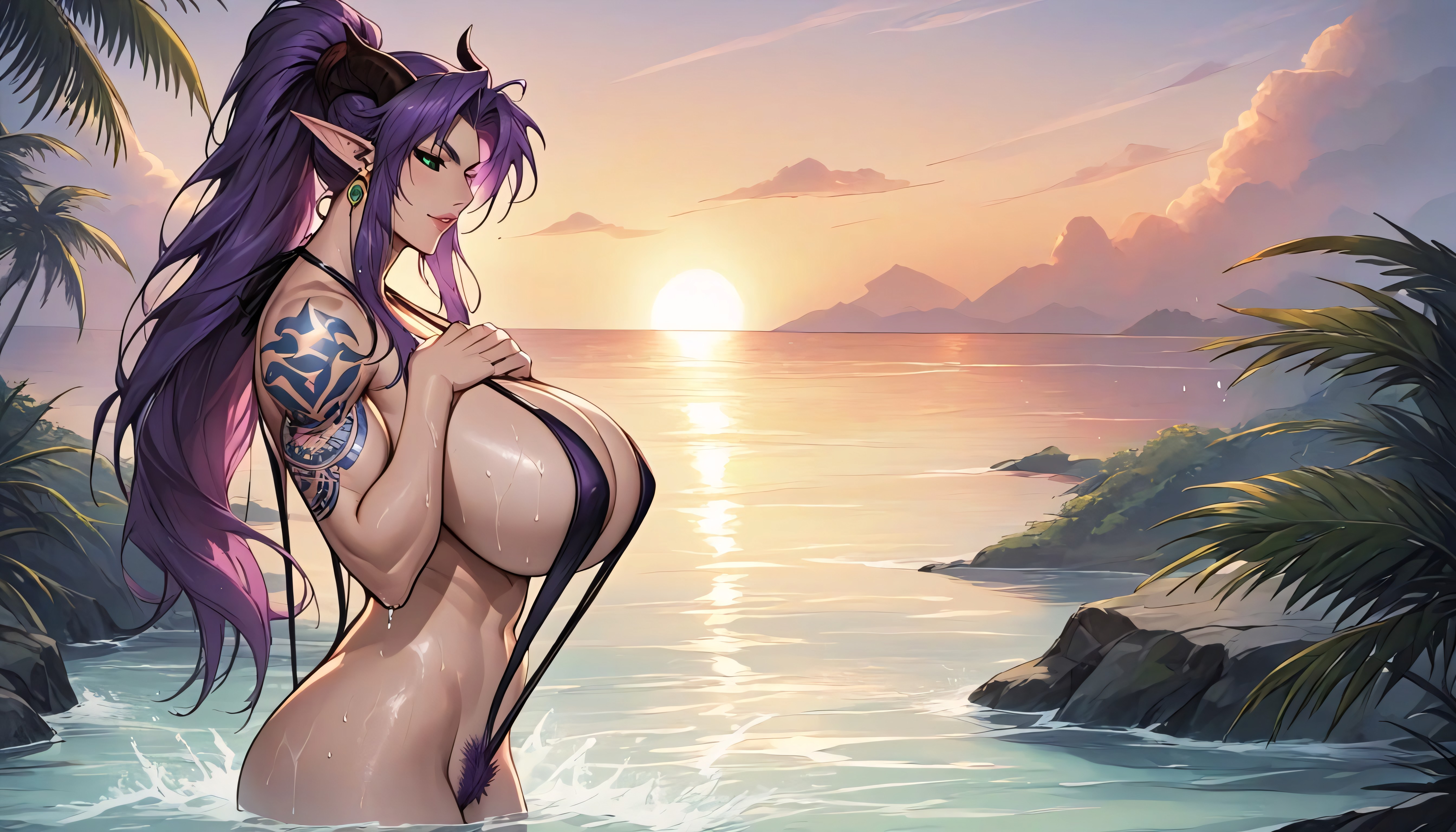 Pink Demon Horns, Long Pointed Ears, Extremely Large Breasts AI Porn