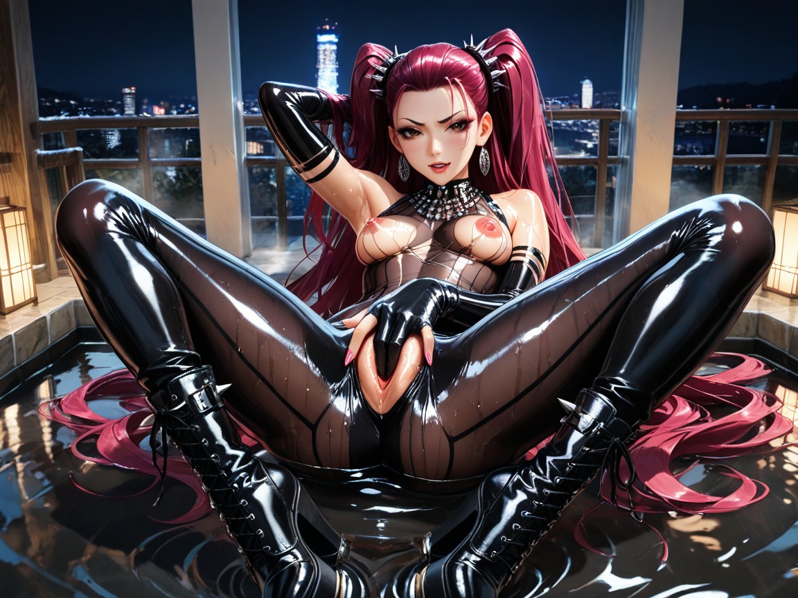 Glossy Full Lips, Small Breasts, Ornate Sleeveless Black Transparent Bodystocking Hentai AI Porn