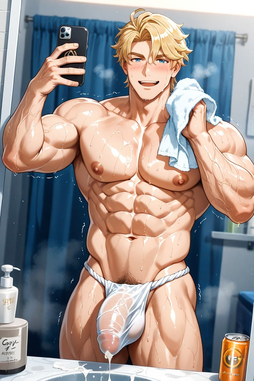 Holding Phone, Brushing Red Face, Fellatio Pose AI Gay Porn