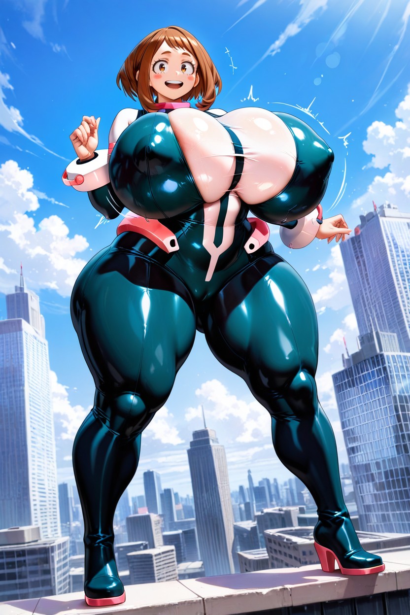 Vista Frontal, Front View, City Rooftop Background Porno IA