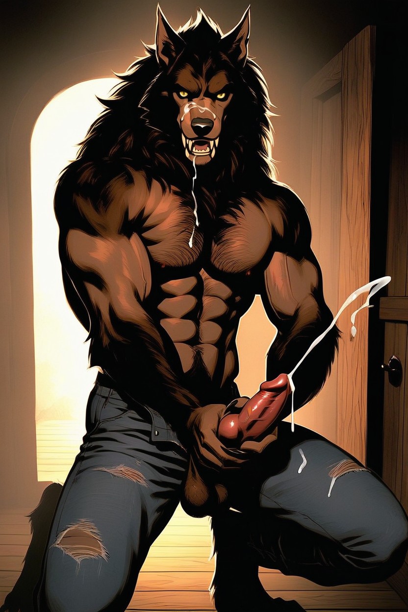 Werewolf Has A Massive Oversized Muscular Torso, Werewolf Glowering Forward At The Viewer, Atmospheric Lighting With Candles AI Gay Porn
