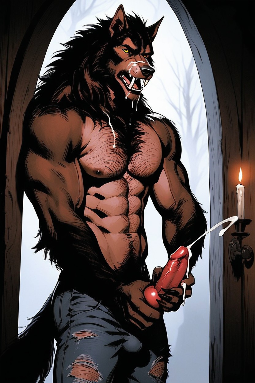 Atmospheric Lighting With Candles, Knotted Werewolf Cock, Moonlight Pouring Through The Door Way AI Gay Porn