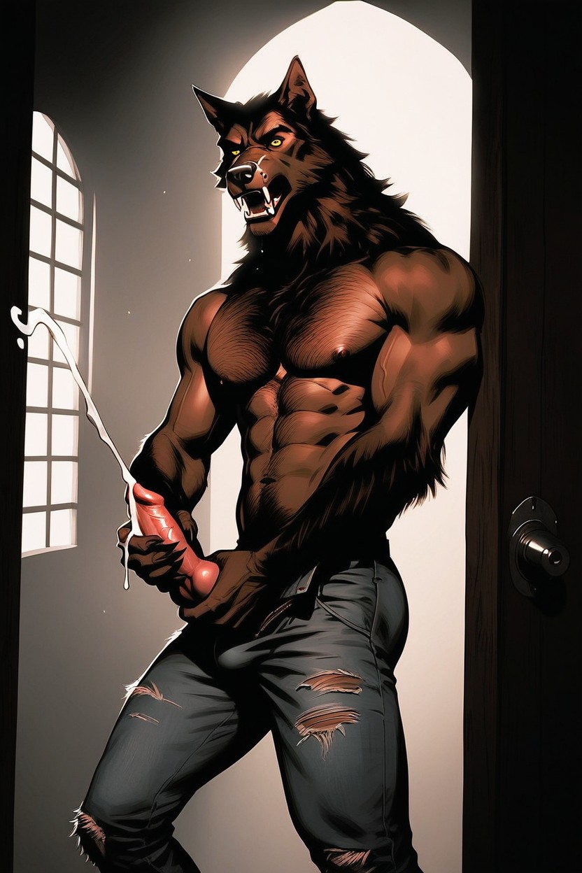 Waist Shot, Werewolf Glowering Forward At The Viewer, Knot AI Gay Porn