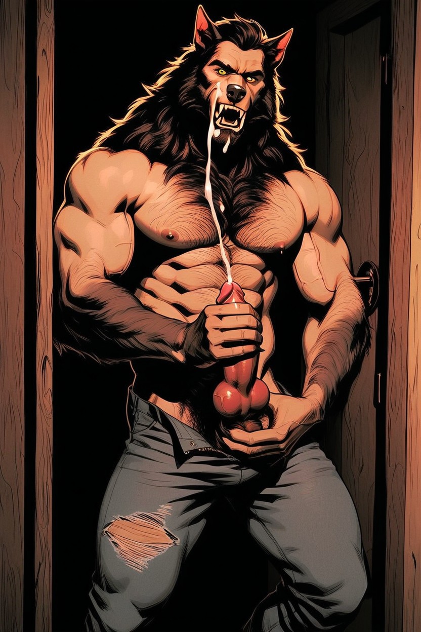 Unzipping Its Pants, Werewolf Standing In Rustic Wood Cabin Doorway, Moonlight Pouring Through The Door Way AI Gay Porn