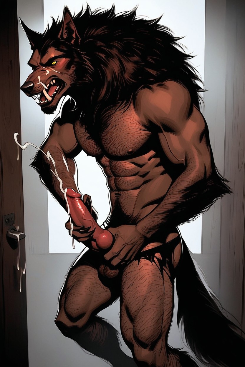 Wearing Ripped Underwear Werewolf Has A Massive Oversized Muscular Torso, Standing, Veiny Glistening Shaft AI Gay Porn