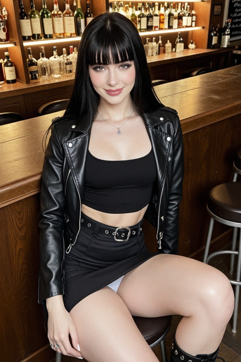 Black Skirt, Blunt Bangs, Denim Skirt With Black Belt AI Porn