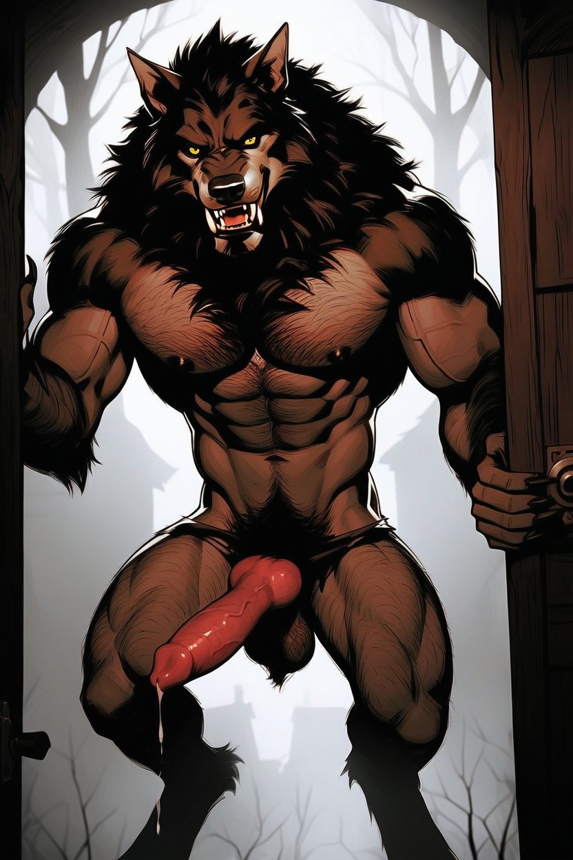 Wearing Ripped Underwear Werewolf Has A Massive Oversized Muscular Torso, Smokes In The Air, Highly Detailed AI Gay Porn