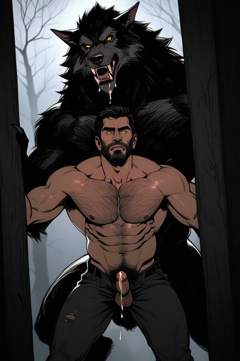 Hard Shadow, Werewolf Roaring Mouth Open Aggressively, Dangling Hairy Balls AI Gay Porn