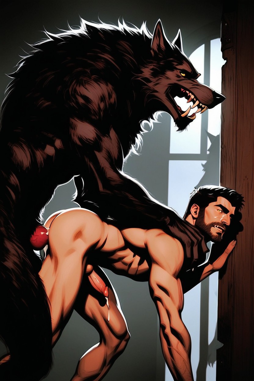 Werewolf Anthro Sheathe, Atmospheric Lighting With Candles, Wide-shot AI Gay Porn