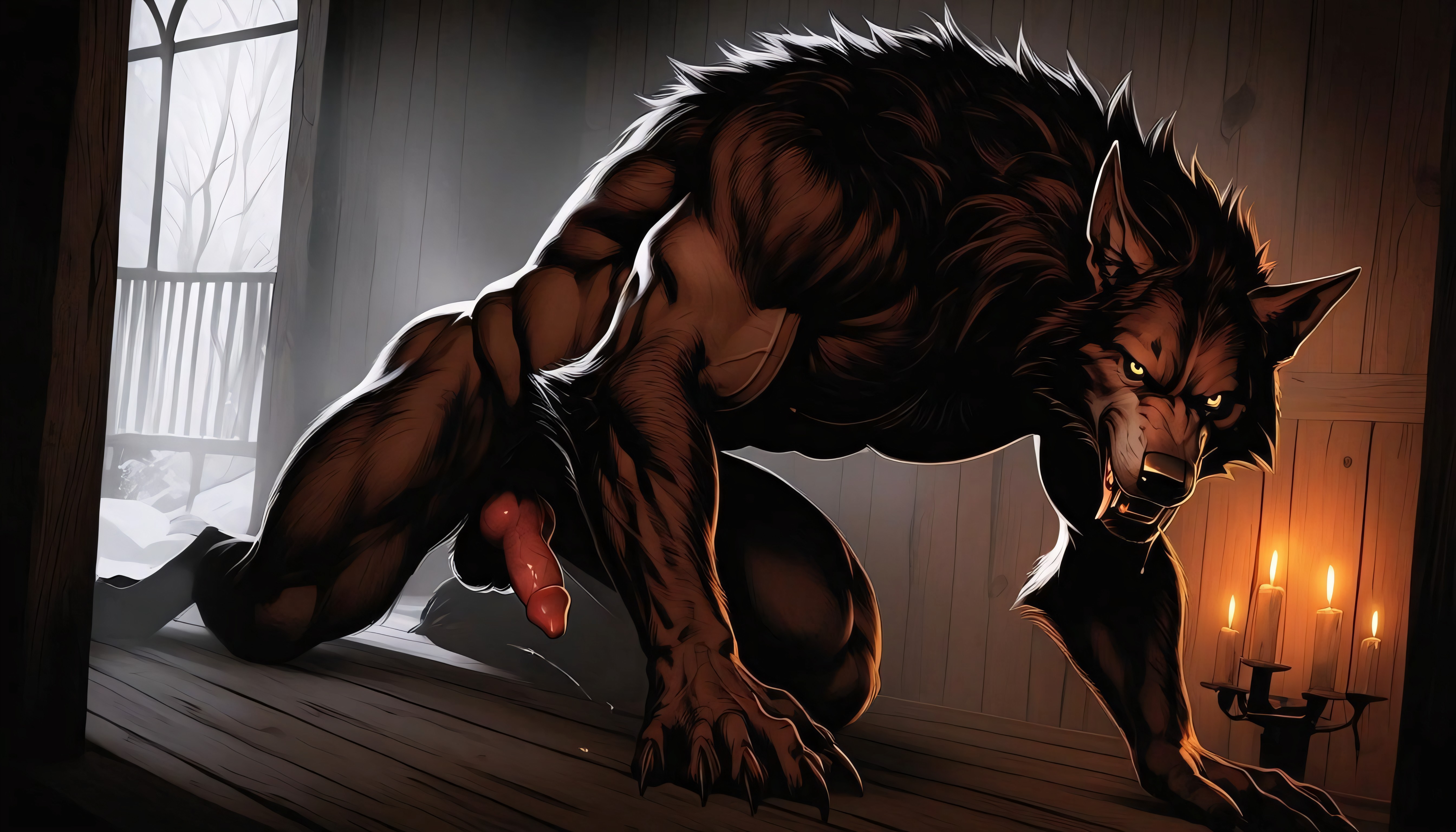 Werewolf, Atmospheric Lighting With Candles, Dangling Hairy Balls AI Gay Porn