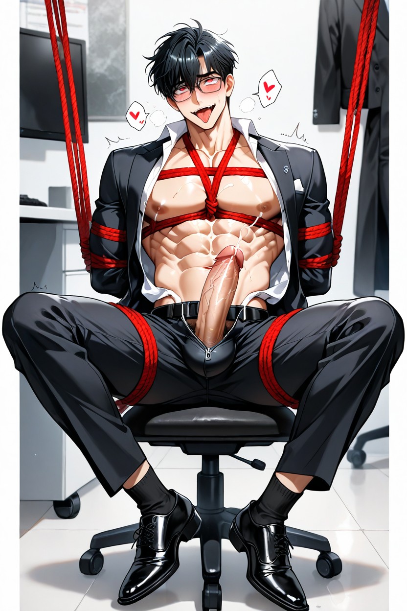 Ghost Arms, Black Office Pants With Belt Pulled Down To Thighs, Sitting On Office Chair With Legs Spread Wide AI Gay Porn