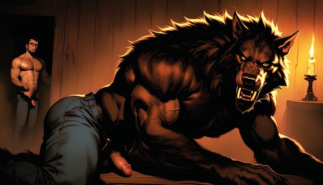 Werewolf Glowering Forward At The Viewer, Wearing Ripped Jeans, Front View AI Gay Porn