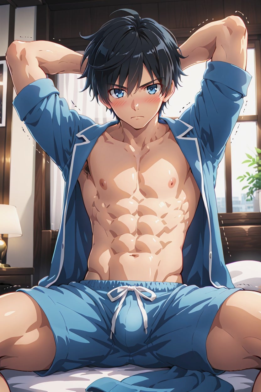 Anime Style, Blue Eyes, Clenched His Hands Between His Knees Porno gay IA