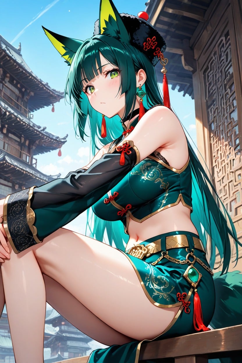 Green Eyes, Green Inner Ear Fur, Blue Sky ヘンタイAIポルノ