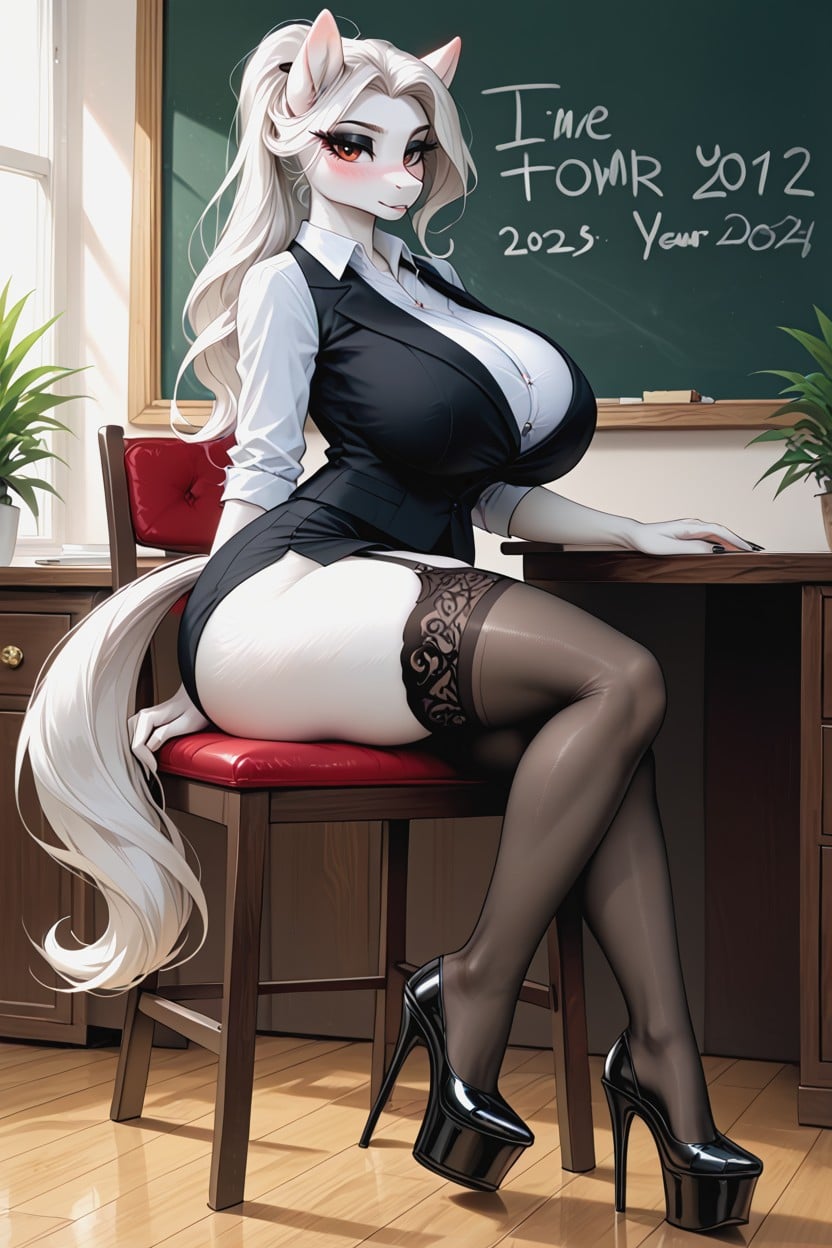 Gigantic Breasts, Blush, Full Body View Furry AI Porn