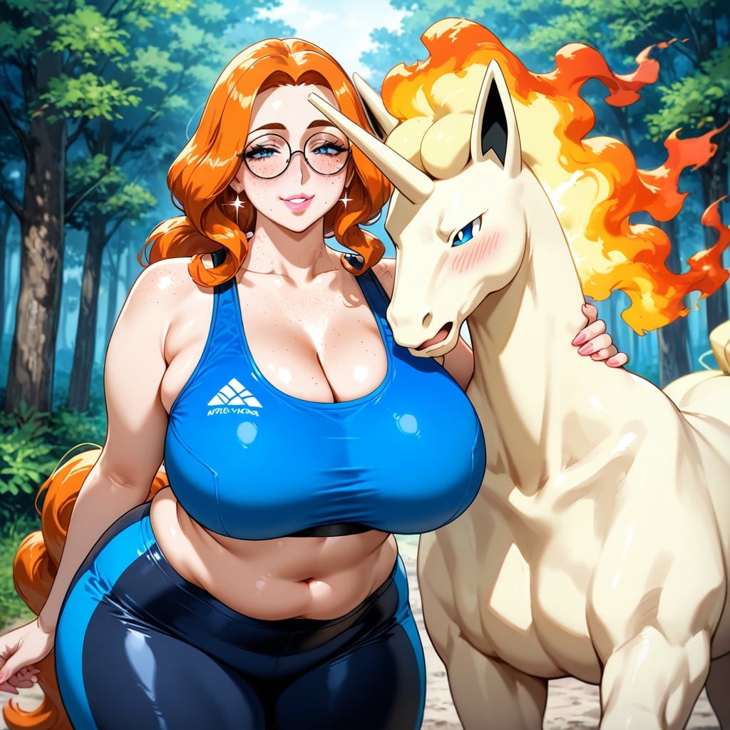 Detailed Creature Textures, Dark Blue Sports Leggins, Rapidash Looks At Woman AI Gay Porn