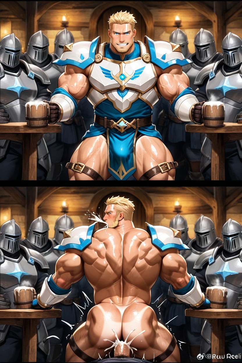 Naked In Last Frame, White Armor With Blue Trim, Bara Comic AI Gay Porn