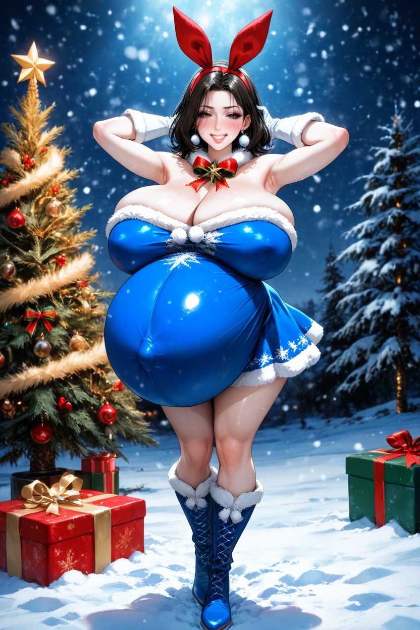 Brown Eyes, Full View, Blue Santa Dress AI Porn