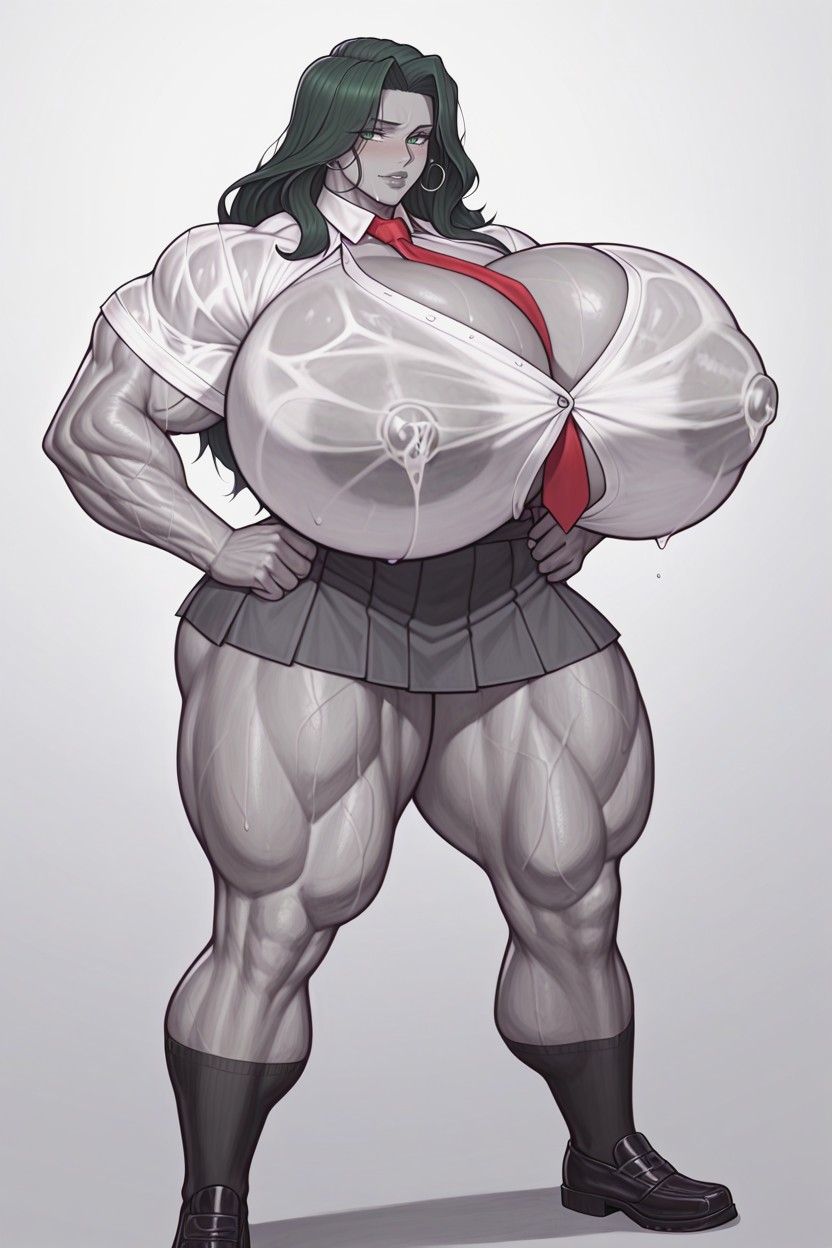 Long Red Tie That Goes In Between Her Massive Breasts, Wet Clothes, Massive Muscles Hentai IA