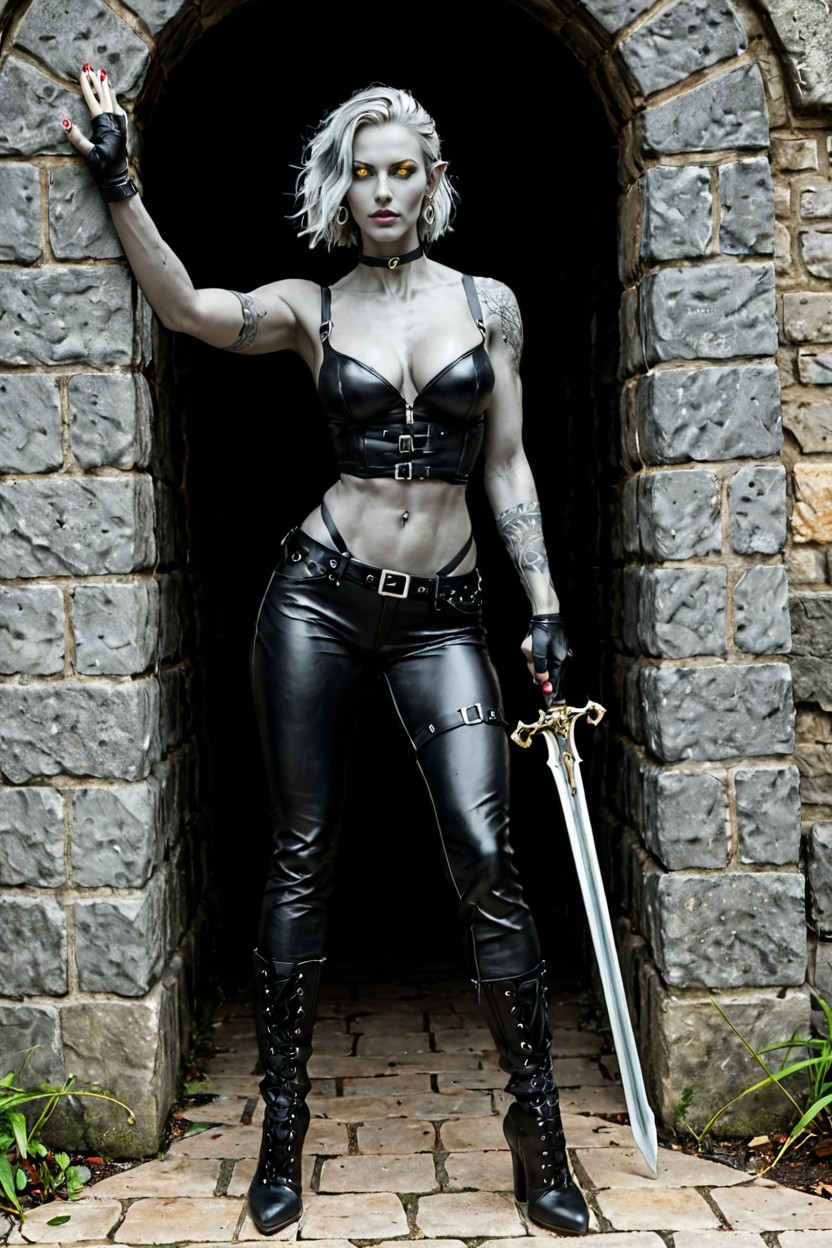 Alien Elf, Tight Low-waisted Black Leather Pants, All Grey Skin AI Porn