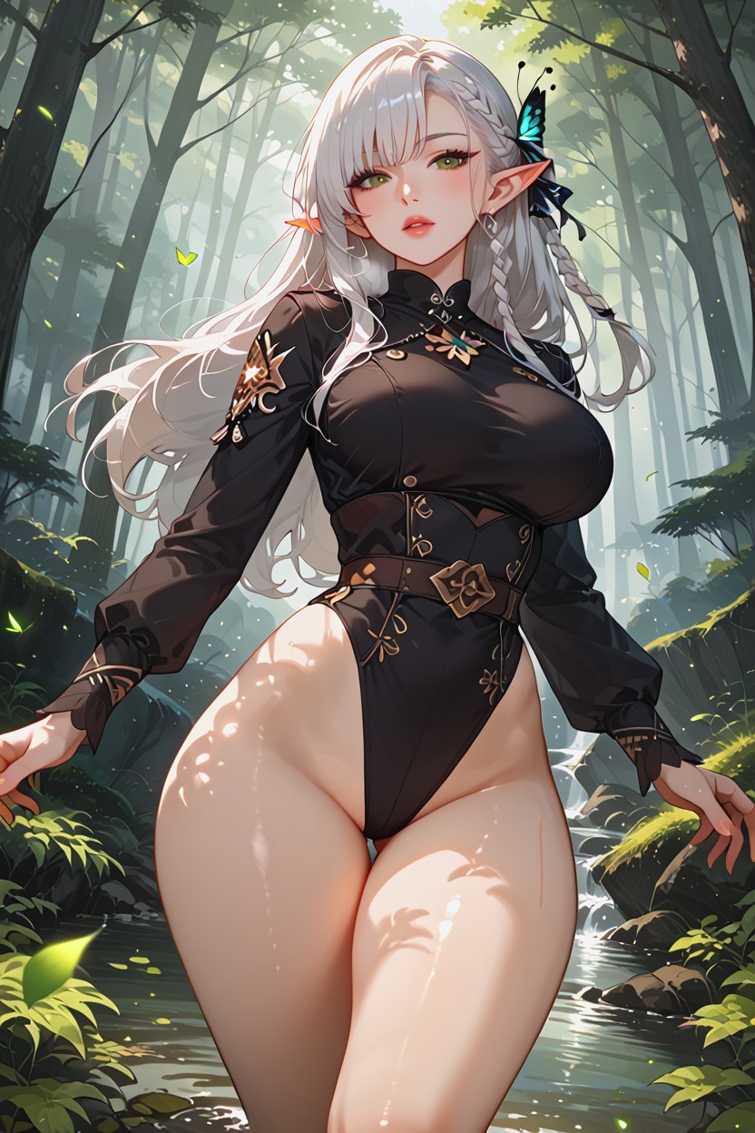 Overwhelmed Expression, Intense Expressive Green Eyes, Revealing More Than Concealing She Is Mid-jump In A Living Forest Hentai IA