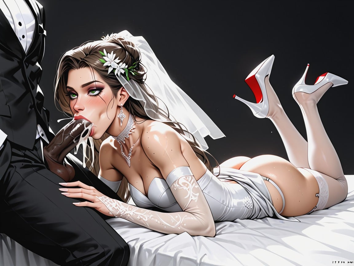 Sexy White Wedding Dress, Lots Of Cum, Interracial AI Porn