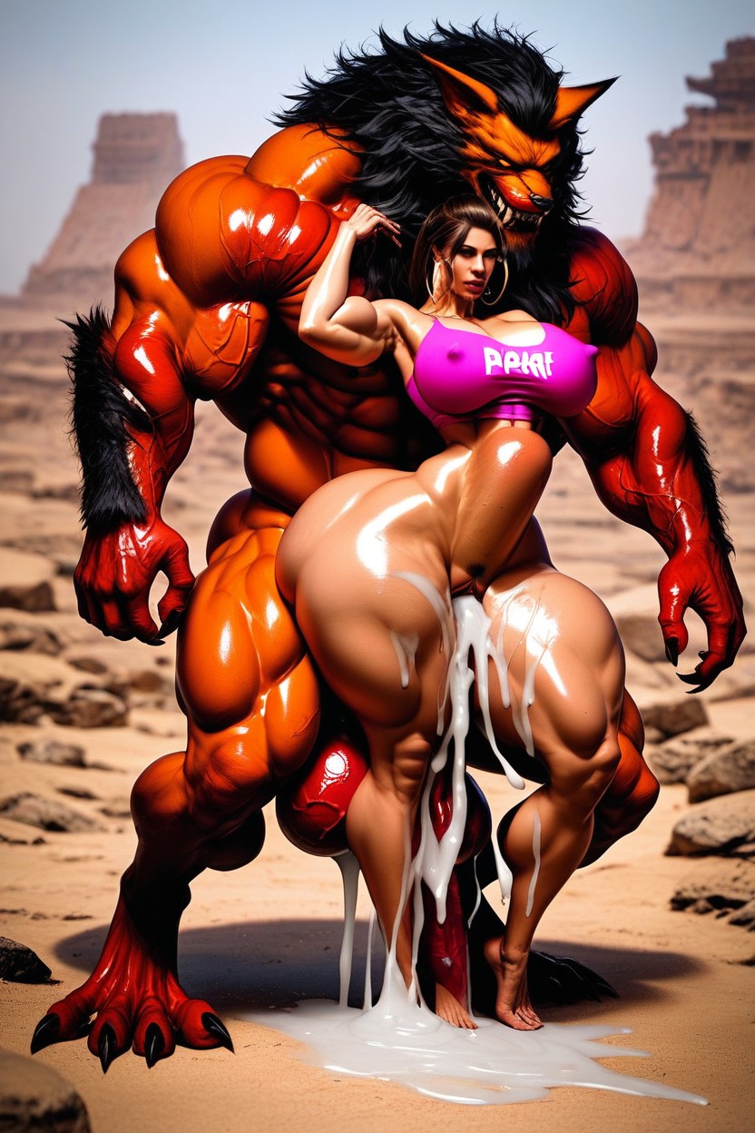 Award Winning Photo, Oily, Orange Muscular Werefox Monster In The Desert Temple AI Porn