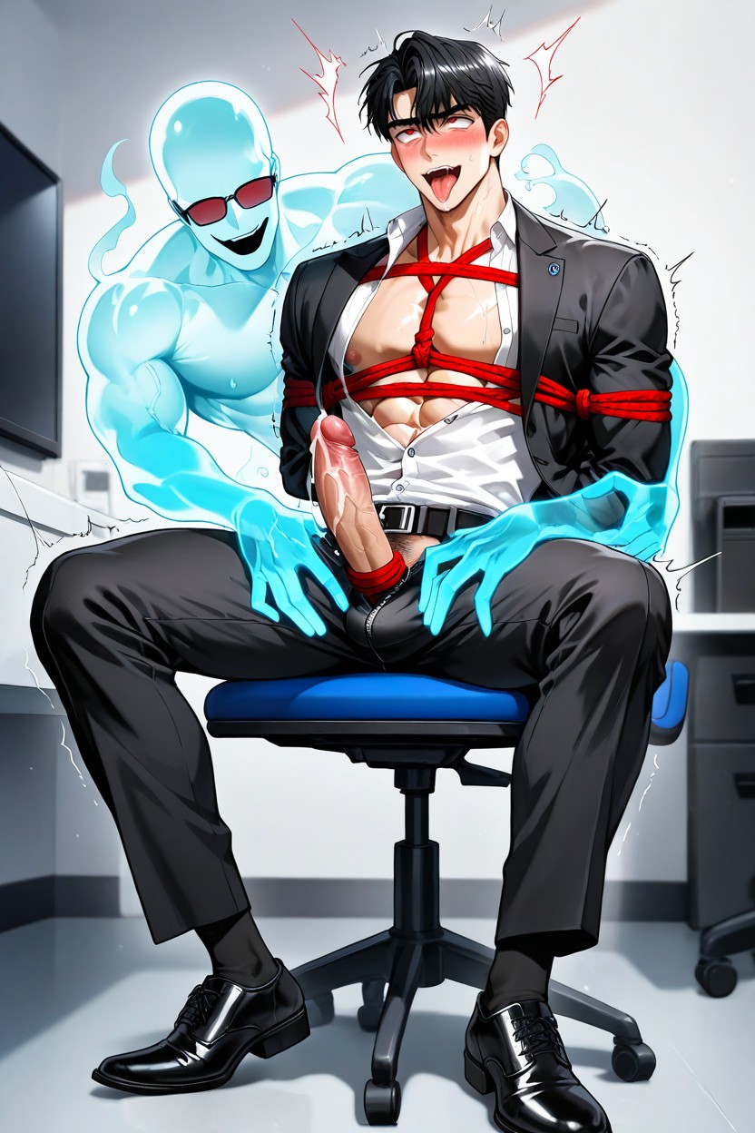 High Detail Erotic, Groping, Hands Tightly Tied Behind Back With Red Shibari Ropes AI Gay Porn