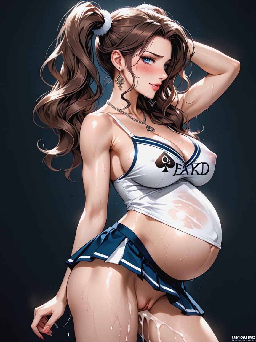 Long Straight Brunette Hair, Detailed Huge Blue Eyes, Black And White Cheer Uniform Black And White Uniform With Queen Of Spades Logo AI Porn
