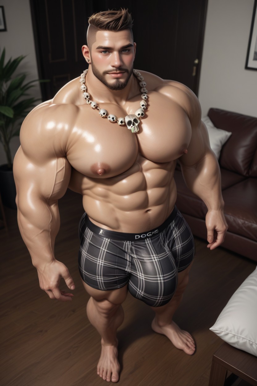 In A Living Room, Round Pillowy Pecs, Massive Long Bulge AI Gay Porn